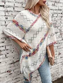 1 Stück leichter, farbenfroher Damen Poncho Schal mit Strass-Gitter und Quasten, gestrickt, modisch-Lässig und warm für den Alltag zu Kleidern - Weiss - Übersicht 2