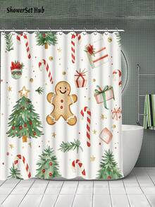 1/3/4pcs Wite Gingerbread For Man Christmas Tree Crutch Candy Shower Curtain Bathroom Set, Waterproof And Wear-Resistant Accessories,With 12 Hooks - Includes Toilet Seat Cover, Bath Mats, And Rugs - Non-Slip Polyester Fabric - Washable - Perfect For Holiday Decor,Home/Bedroom/House/Western Decor, - Multicolor - View 3