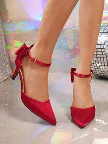 Burgundy Satin Bow Pointed Toe Ankle Strap High Heel Shoes For Women, Spring/Autumn - Burgundy - View 3