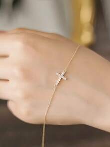 1pc Women's S925 Sterling Silver Classic Rhinestone Cross Bracelet, Fashionable Luxury Minimalist Delicate Layered Bracelet, Suitable For Daily Wear