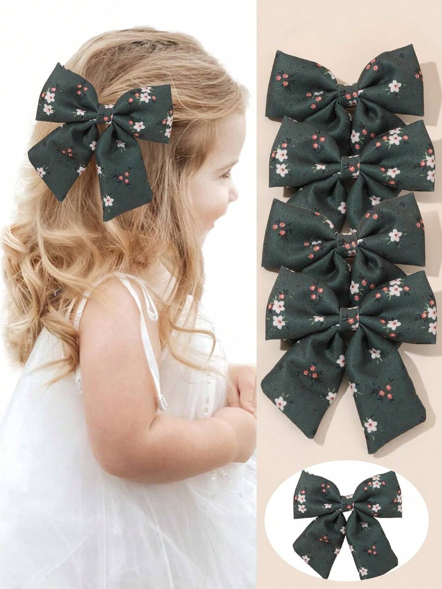 2pcs Flower Pattern Hair Bows For Girls Green Bow Hairpins With Tail Cute Floral Print Bow Barrettes Casual Daily Holiday Birthday Party Headpiece Kids Baby Toddlers Hair Accessories