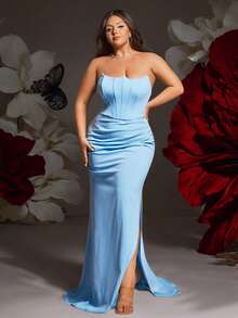 VIPGIRL Váy dạ hội ôm sát cỡ lớn màu xanh da trời không dây dành cho nữ, Đầm dự tiệc ôm sát nhún bèo, Đầm dạ hội thanh lịch, Trang phục dự tiệc dáng dài ôm sát, Đầm sinh nhật, Đầm dài, Trang phục dự tiệc dành cho nữ - Màu xanh lam - Xem 5