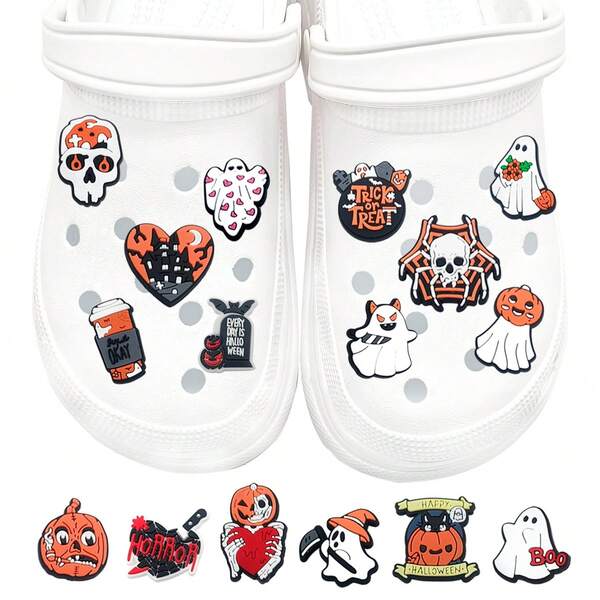 16pcs Cute Hello Halloween Shoe Charms Set, PVC Shoe Decorations For Beach Bag, Shoe Accessories Charms, Gift Idea For Birthday Christmas Valentine's Day Halloween Party Favors