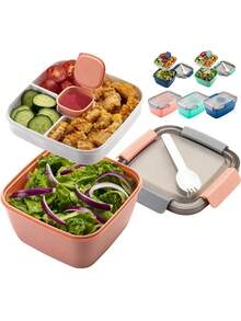 1pc All-In-One Salad Container - Large Salad Bowl, Bento Box Tray, Leak-Proof Dressing Container, Sealed Lid, Adult Healthy Lunch Fork; Dishwasher/Microwave Friendly, Kitchen, Christmas Gift - Multicolor - View 1