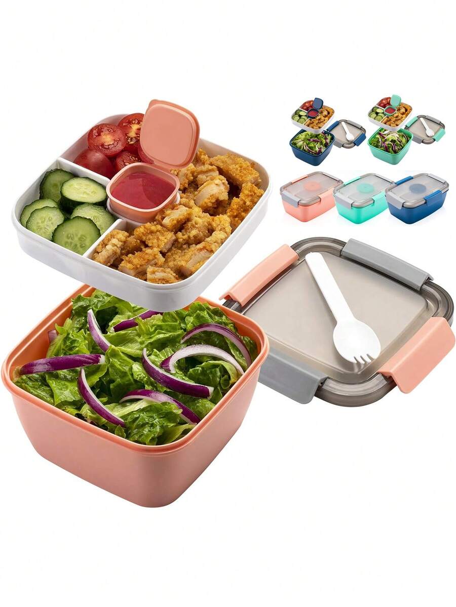 1pc All-In-One Salad Container - Large Salad Bowl, Bento Box Tray, Leak-Proof Dressing Container, Sealed Lid, Adult Healthy Lunch Fork; Dishwasher/Microwave Friendly, Kitchen, Christmas Gift - Multicolor - View 1