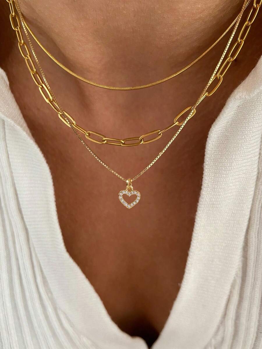 Tkool Bộ 3 dây chuyền mặt trái tim rỗng tối giản đính đá Cubic Zirconia khảm siêu nhỏ dành cho nữ (Móc khóa ngẫu nhiên) - Vàng - Xem 1