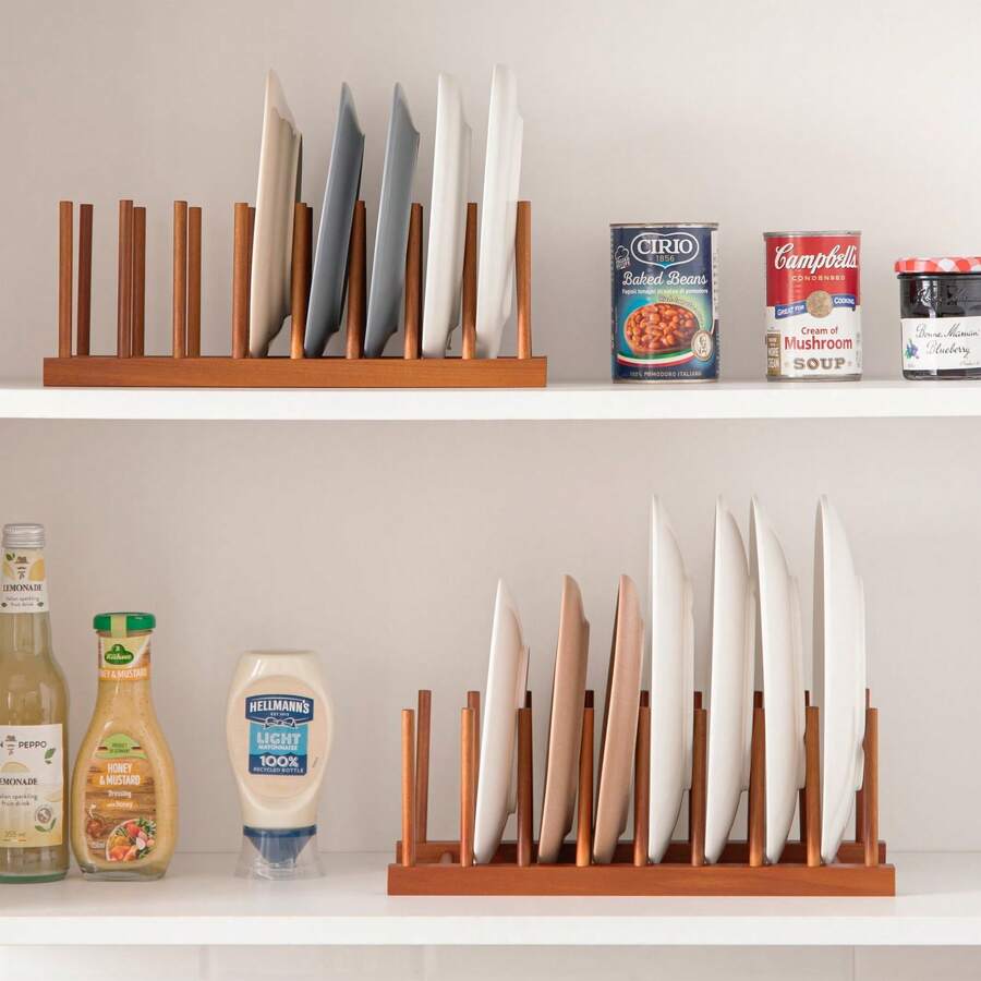 Bamboo Wooden Dish Drying Rack, Vertical Pot Lid Plate Organizer Holder For Cabinet Space Saver, Cutting Board Rack Stand, Pot Lid Holder Kitchen Cabinet Organizer Dish Drying Rack, Baking Pan Drainer, Detachable Book Storage Holder For Office Home Organization And Display, Home Decor, Party & Christmas Storage - 彩色 - 查看 1