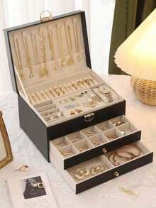 1pc 3-Tier Jewelry Storage Box, Watch Organizer, Earring Holder, Necklace Display, Bracelet Tray, Ring Case, Large Capacity 3-Layer Jewelry Box With Lock, Rectangular Jewelry Storage Box For Women