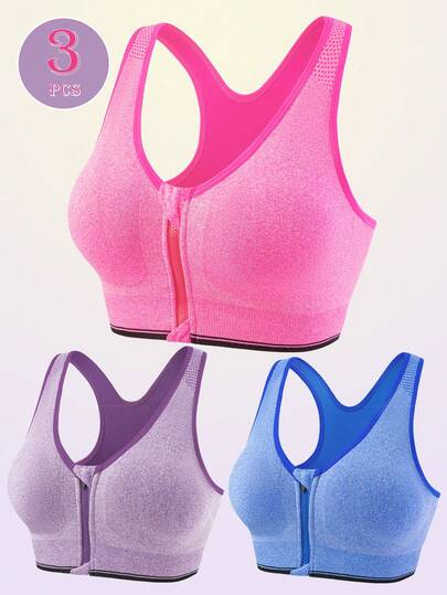 3 Plus Size Sports Bras, With Soft And Comfortable Front Zipper Pads For Women, Suitable For Running, Yoga, And Gym Wear. Women's Plus Size Underwear
