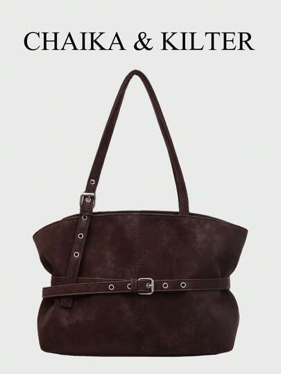 1pc CHAIKA & KILTER Solid Color Suede Fabric Tote Bag, Women's Vintage Fashion One Shoulder Tote Bag, Dual Handle Design, Zipper Closure, Strap Decor, Suitable For Daily And Outdoor Use
