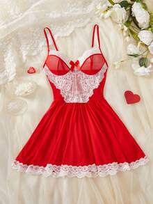 女士情人节睡裙，红色，V领，蝴蝶结装饰，露背薄纱，性感内衣，红色连衣裙，新娘婚纱，浪漫性感连衣裙 - 紅色 - 查看 9