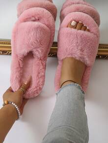 Fall/Winter Women's Fluffy Open Toe Platform Slippers, Comfortable Soft Open Toe Non-Slip Indoor Slippers, Home Slippers,Furry Shoes - Rose Red - View 1