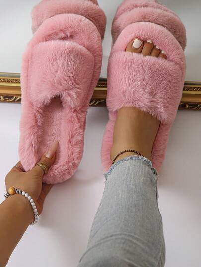 Fall/Winter Women's Fluffy Open Toe Platform Slippers, Comfortable Soft Open Toe Non-Slip Indoor Slippers, Home Slippers,Furry Shoes