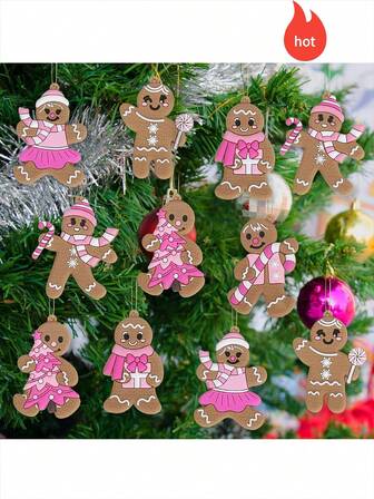 12pcs/24pcs/36pcs Christmas Decorations, Gingerbread Christmas Decorations, Cute Pink Gingerbread Man Candy Christmas Tree Wall Decor, Christmas Tree Ornaments, Christmas Home Decor, Christmas Gifts, Suitable For Christmas Party Decoration, Winter Decoration, Christmas Home, Birthday Party Decoration, Wedding Decoration, New Year Home Decor, Great Decor To Beautify Holiday Backgrounds! Room Decor