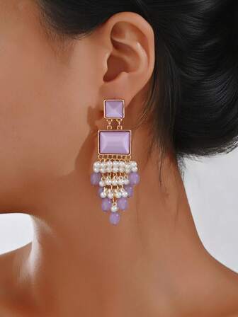 1pair Elegant Square Crystal Bohemian Style Handmade Beads Decorated Long Earrings With Faux Pearl Tassel Ear Jewelry Suitable For Women's Daily Wear, Party And Weddings, Women's Gifts