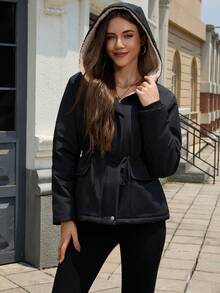 Jaqueta com Capuz Feminina, Casaco Casual Parka, Tecido Acolchoado de Cor Sólida, Adequado para Outono, Inverno, Primavera - Preto - Visão 4