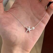 1pc Women's Elegant Starfish Imitation Pearl Pendant Necklace, Simple Versatile Alloy Short Necklace, Fashion Minimalist Design, Charming Collarbone Chain Jewelry, Suitable For Daily Wear Christmas Gift - 銀色 - 查看 7