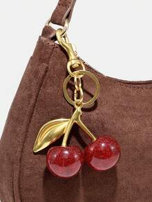 1 件 Novachic 柔软绒面短毛绒咖啡棕色可爱樱桃装饰简约单肩包，拉链开合，复古风格，腋下包，适合各种场合，秋冬 - 咖啡 - 查看 3