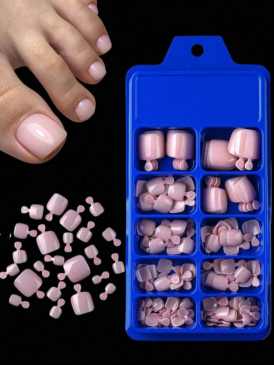 120片亮面假脚趾甲,12种尺寸/盒,裸粉色,按压式,全覆盖,短方形脚趾甲片,人造亚克力美甲贴纸,适合女性和女孩,浅粉色脚趾甲 - 淺粉色 - 查看 1