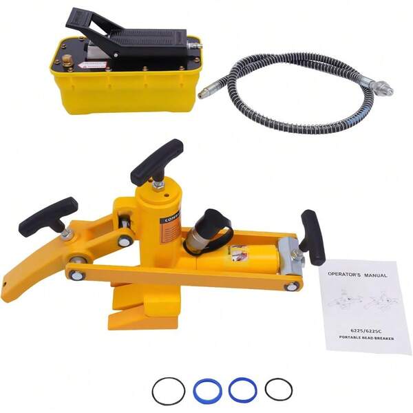 Rompedor de neumáticos, rompedor de neumáticos hidráulico de 10000 PSI, kit de reparación de cambio de neumáticos de acero resistente con bomba de pie hidráulica y manguera de aire para tractores, camiones, autobuses, cortadoras de césped, ATV