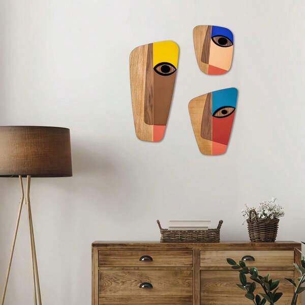 3pcs Multicolor Geometric Spliced Face Wooden Wall Decor, A Cubist-Style Wooden Wall Art Piece Suitable For Holiday Party Decorations, Bedroom Decor, Bathroom Accents, And The Perfect Gift For Family And Friends