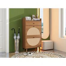 Schuhschrank mit zwei Türen und einer Schublade in Walnussholzfarbe, Rattan-Optik, austauschbare halbrunde Türen, doppeltes Regal, Länge 60 cm, ohne Rückwand, geeignet für Flure und ähnliche Bereiche