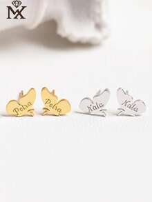 A Pair Of Bespoke Monogrammed Butterfly Wing Stud Earrings, Crafted From Stainless Steel. These Minimalist Butterfly Studs Feature A Distinctive, Understated Design. Perfect As A Gift For Her On Occasions Such As Christmas, Valentine's Day, Birthdays, Or Anniversaries. - Yellow Gold - View 5