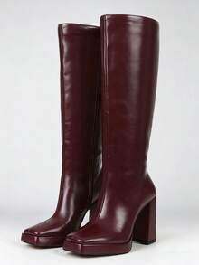 Women Luxury Winter Boots Knee High Burgundy Solid Chunky Heel Square Toe Design Fashion Fall Boots Party Office Lady Shoes - 酒紅色 - 查看 5