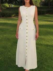 Spring/Summer Elegant Fashion Ladies Metal Buckle Decor Fitted Knit Midi Dress, Versatile Office Commuting - Apricot - View 10