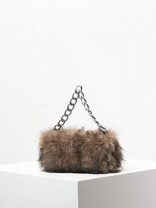 Solid Fuzz Soft Candy Color Chain Satchel Bag, Y2K Style Women Shoulder Bags, Cute Charm Clutch, Holiday Party Dress, Random Pattern Fur Purse, Halloween Purse Perfect For Fancy Party Halloween Fashion & Gothic Fashion, New Arrival Fur Bag For Women - 棕色 - 查看 4