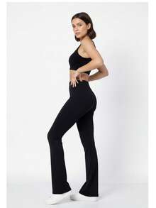 Women's Suplex Flare Pants High Waist Ballerina Bell Bottom Gym Fitness Casual - 黑色 - 查看 5
