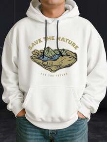 Sudadera con Capucha para Hombre con Patrón Ecológico de Salvar la Naturaleza - Sudadera de Corte Holgado con Bolsillo Canguro, Estampado de Montaña y Árbol, Sudadera de Estilo Urbano Cómodo, Estilo Casual - Regalo para Senderismo y (Moda Masculina) - Negra con Letras Doradas y Diseño de Montaña Verde/Amarillo, Corte Holgado para Clima Fresco - Blanco - Ver 1