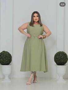 Plus Size Midi Dress With Elegant Belt, Party, Pocket, Wedding, Slit, 46 To 52 - 薄荷綠 - 查看 3