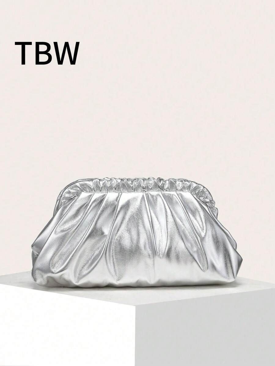 Women's Solid Color PU Pleated Cloud Bag, Retro Style, Large Capacity, Fashionable, Suitable For Outings And Shopping - Silver - View 1