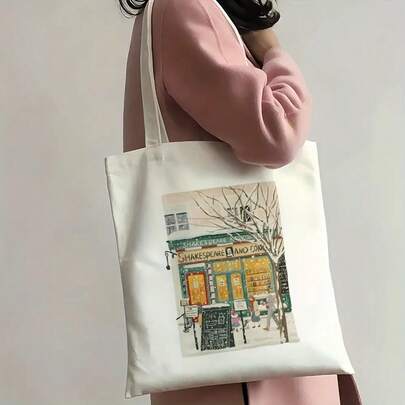 1pc " And Company" Canvas Tote Bag - Winter Street Scene With Bare Tree, Pedestrians & Bookstore Design, Large Capacity Shoulder Bag For Shopping & Daily Use, Perfect Gift Idea, Reusable Grocery Bag (16" X 14"), Durable Handle Bag, Bookstore Accessory