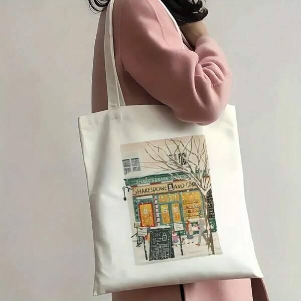 1pc " And Company" Canvas Tote Bag - Winter Street Scene With Bare Tree, Pedestrians & Bookstore Design, Large Capacity Shoulder Bag For Shopping & Daily Use, Perfect Gift Idea, Reusable Grocery Bag (16" X 14"), Durable Handle Bag, Bookstore Accessory