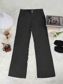 Apperloth A Elegant Solid Zipper Double Button Slant Pocket Back Elastic Waist Wide Leg Slim Fit Work Pants For Women Dress Pants Trousers