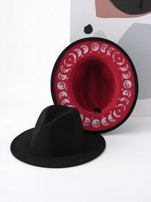 1顶男女通用毛毡牛仔/女牛仔帽，搭配时尚的月亮和星星字母印花水滴形帽檐巴拿马帽，舒适的爵士帽，奢华英伦风帽子 - 黑色 - 查看 6