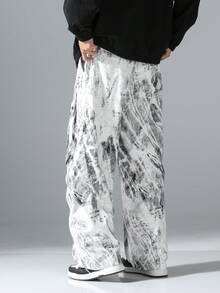 男士数码印花时尚百搭直筒阔腿工装裤、破洞裤、运动裤、伞兵裤、机车休闲裤、丝滑个性迷彩工装裤、秋季 - 黑與白 - 查看 8