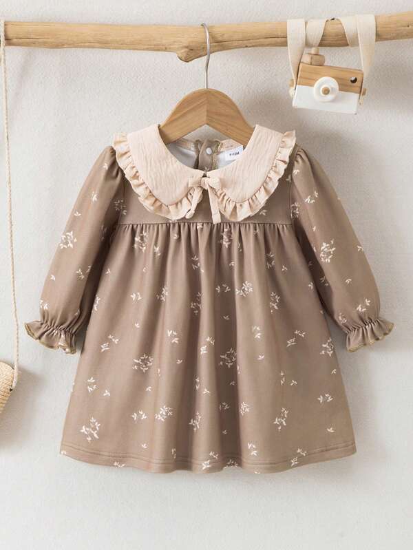 Modisches und süßes Kleid für Baby Mädchen mit kontrastierendem Blumenmuster, weich und bequem mit gerüschtem Kragen - lässiger Resort-Stil, geeignet für Outdoor-Aktivitäten, Treffen, Partys und den täglichen Gebrauch im Frühling und Herbst