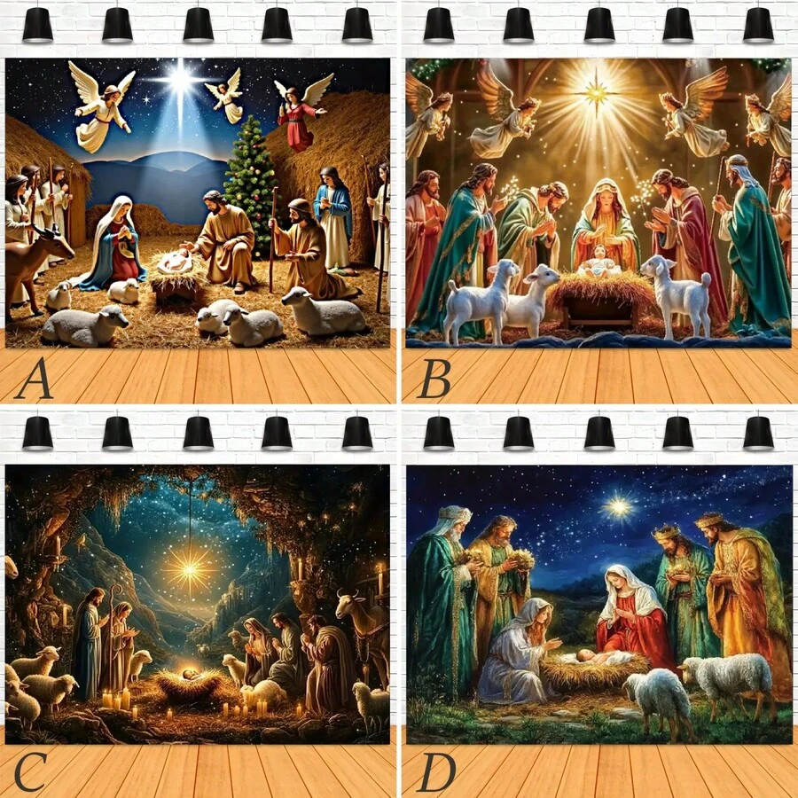 1 Peça Pano de Bottom com Tema Religioso de Natal: Cena da Natividade com o Menino Jesus, Anjos, Pastores, Caverna, Luz de Vela, Três Reis Magos, Padrão de Céu Estrelado, Adequado para Festa de Natal, Decoração de Bottom para Reunião Familiar, Cenário Fotográfico, Adereço de Vinil
