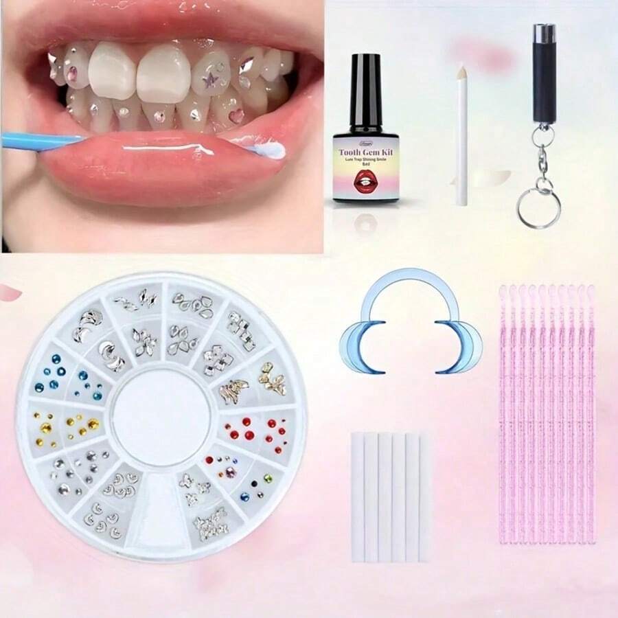 Tooth Gem Set, Teeth Jewelry Set With Glue And Light, Various Shapes Of Gems To Choose From, Professional DIY Teeth Gem Set, Fashion Crystals For Teeth Sweet Smile Gems, Suitable For Parties, EDM Festivals And Christmas. New Year Gift, Highlight Shiny Teeth - One Set - 查看 1