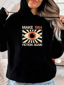 Sudadera Con Capucha Retrográfica Vintage Para Mujer 1984 - Estampado En La Espalda, Vuelve A La Ficción, Sudadera De Manga Larga, Negro Con Acento Naranja - Uso Diario Y Eventos Temáticos - Capucha Con Cordón Para Uso Todo El Año, Sudadera Vintage, Ropa De Temporada, Diseño De Texto Audaz, Tejido Cómodo, Moda De Calles, Material Duradero, Entusiastas De La Moda - Oscuro - Ver 1