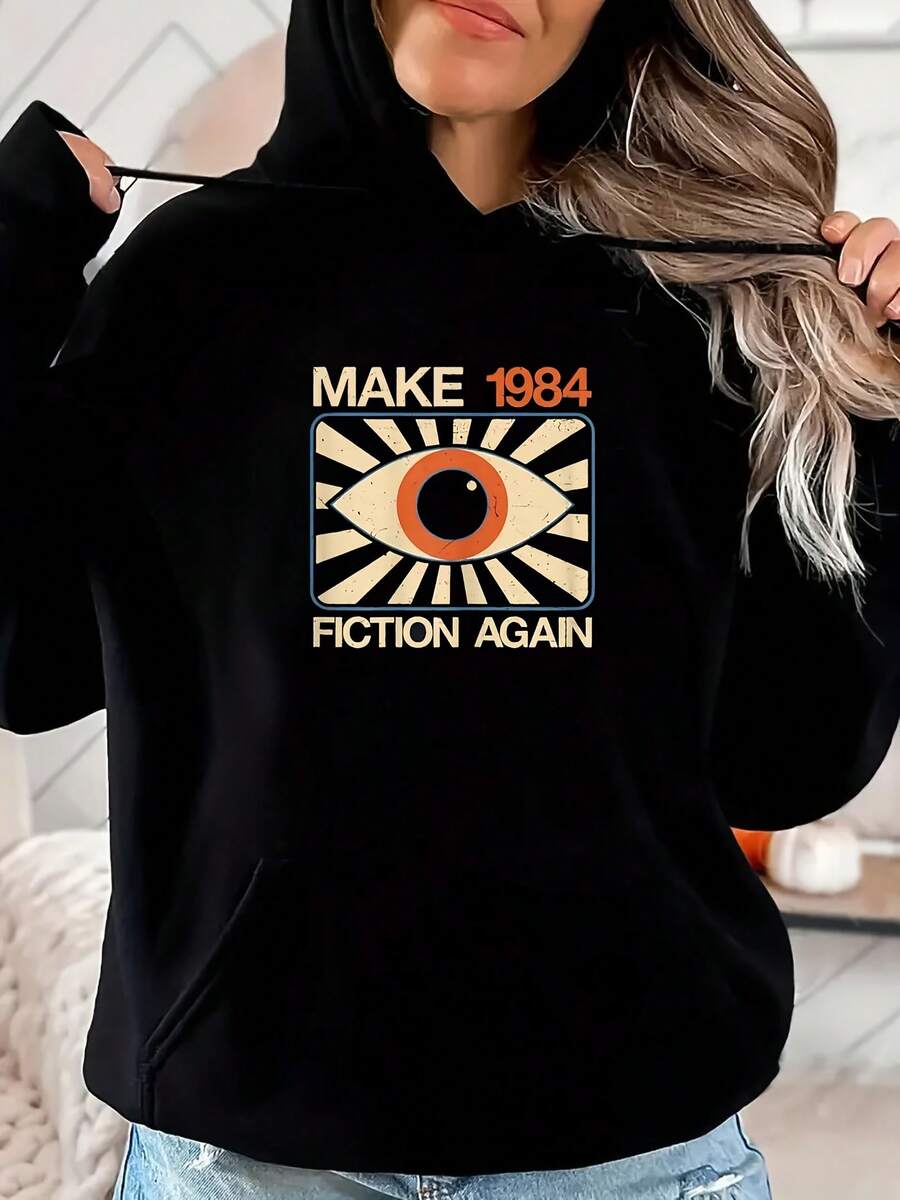 Sudadera Con Capucha Retrográfica Vintage Para Mujer 1984 - Estampado En La Espalda, Vuelve A La Ficción, Sudadera De Manga Larga, Negro Con Acento Naranja - Uso Diario Y Eventos Temáticos - Capucha Con Cordón Para Uso Todo El Año, Sudadera Vintage, Ropa De Temporada, Diseño De Texto Audaz, Tejido Cómodo, Moda De Calles, Material Duradero, Entusiastas De La Moda - Oscuro - Ver 1