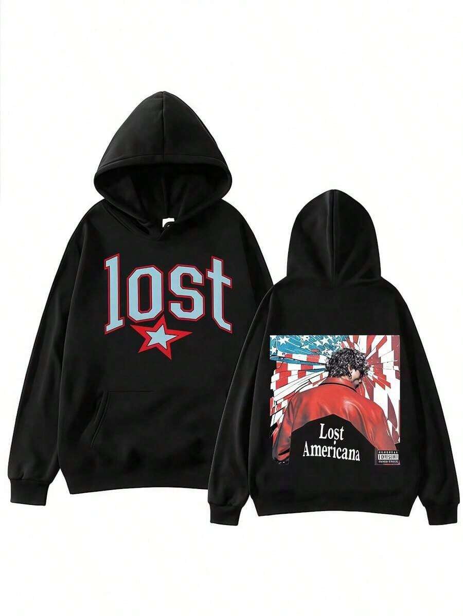 MGK Lost Americana Machine Gun Kelly Hoodie Harajuku Hip Hop Pullover Tops Sweatshirt GiftY2K-W-Tops - 黑色 - 查看 1