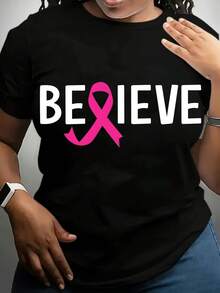 Women's Pink Ribbon Crew Neck T-Shirt, Featuring A Pink Believe Breast Cancer Awareness Casual T-Shirt, Perfect For All Seasons, Perfect For Campaigns. Made Of Low-Stretch Cotton (S-5XL).