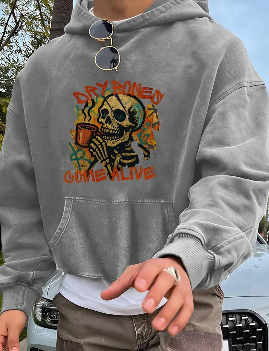 Skull Holding Pipe + "DRY BONES COME ALIVE" Retro Graffiti Print"Nightmare Before Christmas, Horror. American Retro Print Pattern 1Pcs 500g Pure Heavy 100% Cotton Cordless Sweatshirt, Letter Spring/Fall Winter All Loose Washed Popover Pocket, Christmas Halloween Thanksgiving Day New Year, Y2K Street Hip-Hop Campus Fashion Style, Suitable For Parties And Play - Xám - Xem 1