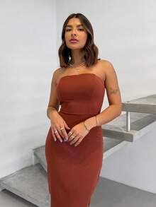 Tailored Midi Dress With Bust, Boning, Back Slit - Rust Brown - View 5