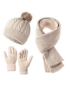 3pcs Winter 2025 New Women Thick Knitted Beanie Hat, Scarf & Gloves Set, Outdoor Cycling Warm 3 PiecesSuit, Solid Color Valentines Gift - Multicolor - View 10