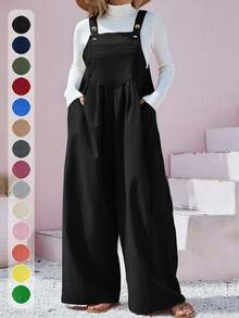 Plus Size Solid Color Sleeveless Overall With Pockets, Fall&Winter,Black